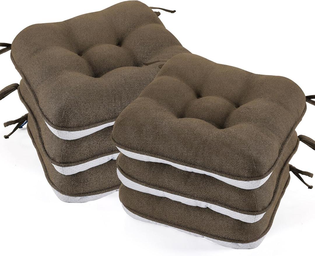 BETU Chair Cushions for Dining Chairs Set of 6, 3.5" Thick Kitchen Table Chair Pads with Ties,Non Slip Backing and Covers, Seat Cushion for Dining Room,Bar,Patio Chairs,15.5"X15.5"X3.5",Brown