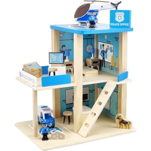 Wooden Police Station Playset Toy, Multicolor 3-Level Pretend Play Dollhouse Set with Figures, Car, Helicopter and Accessories, Preschool Learning Educational Toys for Toddlers Kids Age 3 and up