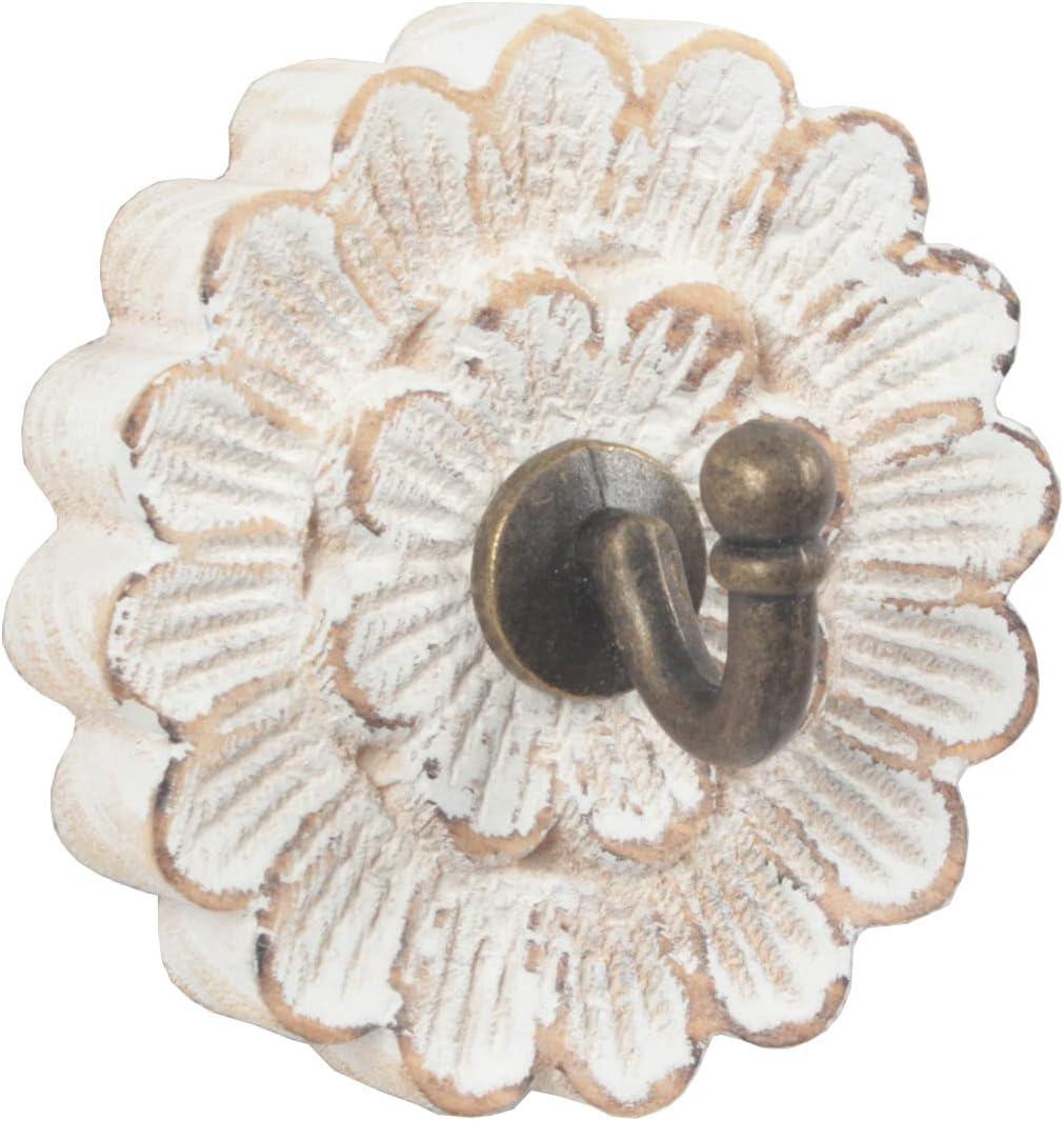 Distress Wood Flower Coat Hooks for Wall Hanging, Single Small Vintage Decorative Hanger for Keys, Bags, Towels (Robe Hanger)