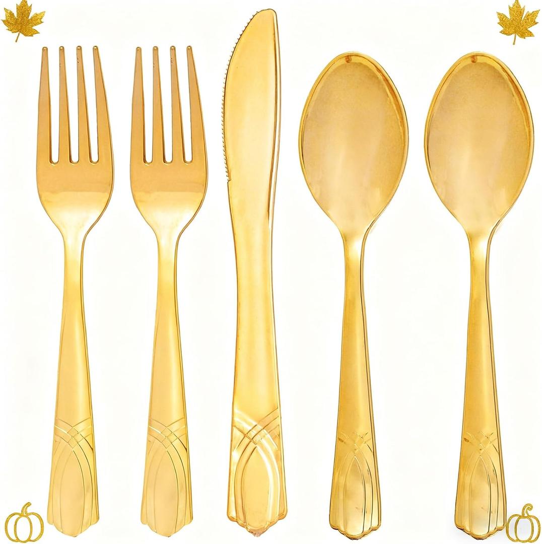 DaYammi 150Pcs Gold Disposable Silverware,Thanksgiving Plastic Cutlery Set - 50 Forks, 50 Knives, 50 Spoons - Gold Disposable Utensils Set Heavy Duty Plastic Flatware for Thanksgiving Party, Wedding