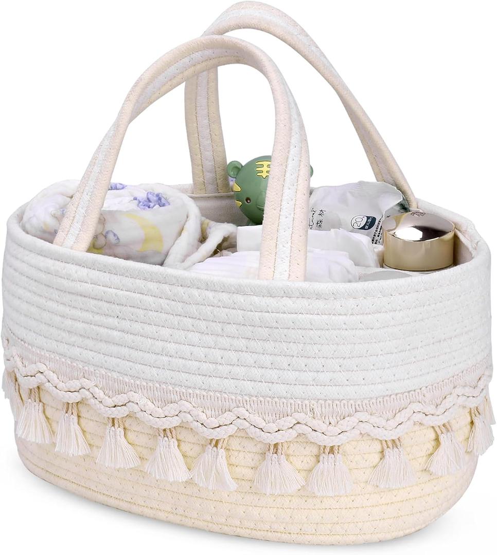 Diaper Caddy Organizer, Stylish Nursery Storage Basket, Baby Shower Basket with Tassel Decorative Appearance, Portable Storage Basket Suitable for Family and Car Travel