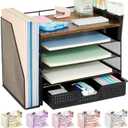 OPNICE Desk Organizer, 5-Tier Paper File Organizer with Drawer & Pen Holder, Office Desk Accessories, Workspace Desktop Organizer for Office Supplies(Brown Wood)