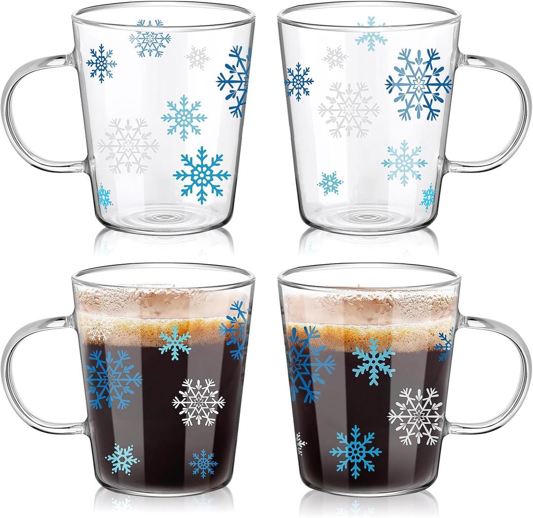 Baderke Set of 4 Snowflake Glass Coffee Mugs 12 oz Borosilicate Glass Cups with Handle Clear Winter Holiday Coffee Cups White Blue Snowflake Mugs for Drinking Beverages Latte Hot Chocolate