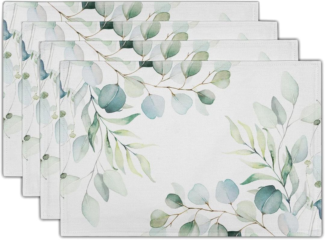 Sage Green Placemats Set of 4 Washable Non-Slip Heat Resistant 1218 Inch Spring Watercolor Eucalyptus Leaves Thick Place Mats Decorative Linen Fabric Table Mat for Dining Table Kitchen Home Decor