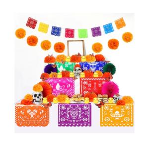 Newwiee 82 Pcs Day of the Dead Altar Kit Flameless LED Candle Paper Marigold Flower Fan Monarch Butterfly Papel Picado Banner Disposable Tablecloth for Dia De Los Muertos Altar Diwali(Bright Color)