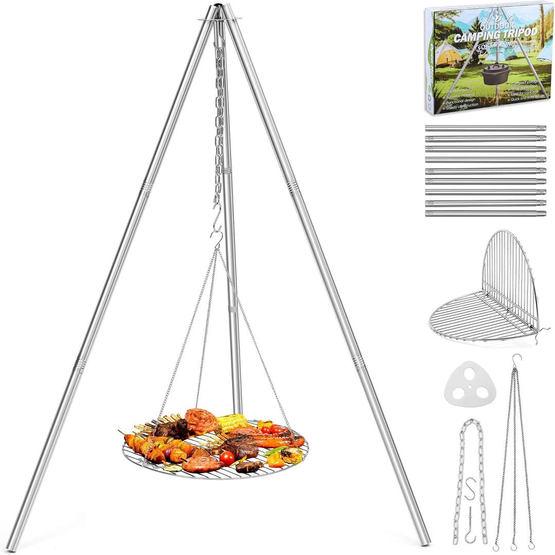 Joyfair Campfire Camping Tripod Grill Grate(17 Dia.), Heavy Duty Stainless Steel Openfire Tripod with Over Firepit Rack Camp Equipment, Adjustable Height Stand for Outdoor BBQ Cooking Grilling