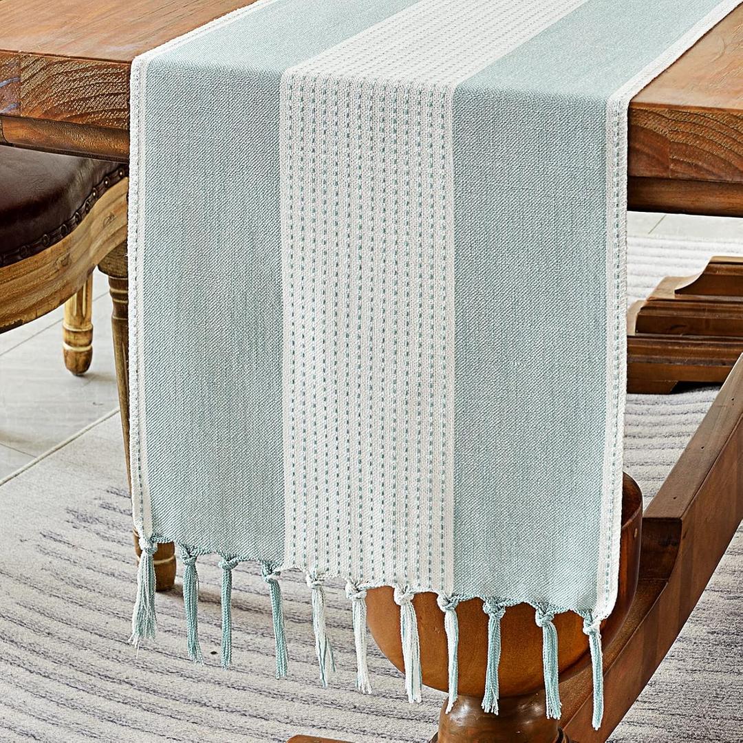 Wracra Linen Table Runner, Farmhouse Macrame Table Runners 48 Inches Long for Dining Table Decor, Wedding, Party and Dresser Decor (Aqua Blue,48")