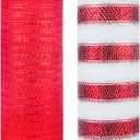 2 Rolls Decor Mesh Poly Ribbons 10 Inch x 30 Feet Each Roll Metallic Foil Mesh Ribbon Christmas Tree Decorative Mesh Red and White Rolls for Xmas Wreaths, Swags and Home Decorating