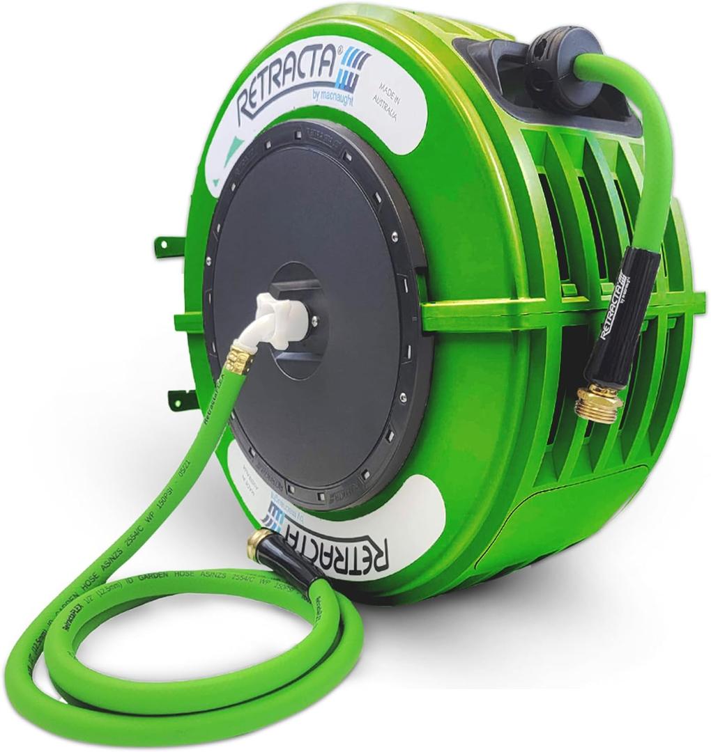 Macnaught Retractable Garden Hose Reel, 82 Ft Water Hose Reel Heavy Duty Retractable Hose with Metal 180 Swivel Rotation Bracket for Wall Mount - Green
