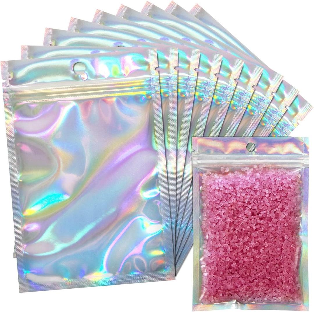 100 Pack Resealable Holographic Bags for Small Business, Iridescent Mylar Bags with Clear Front Smell Proof Foil Packing Pouches for Multipurpose Storage (4 X 6 inches)