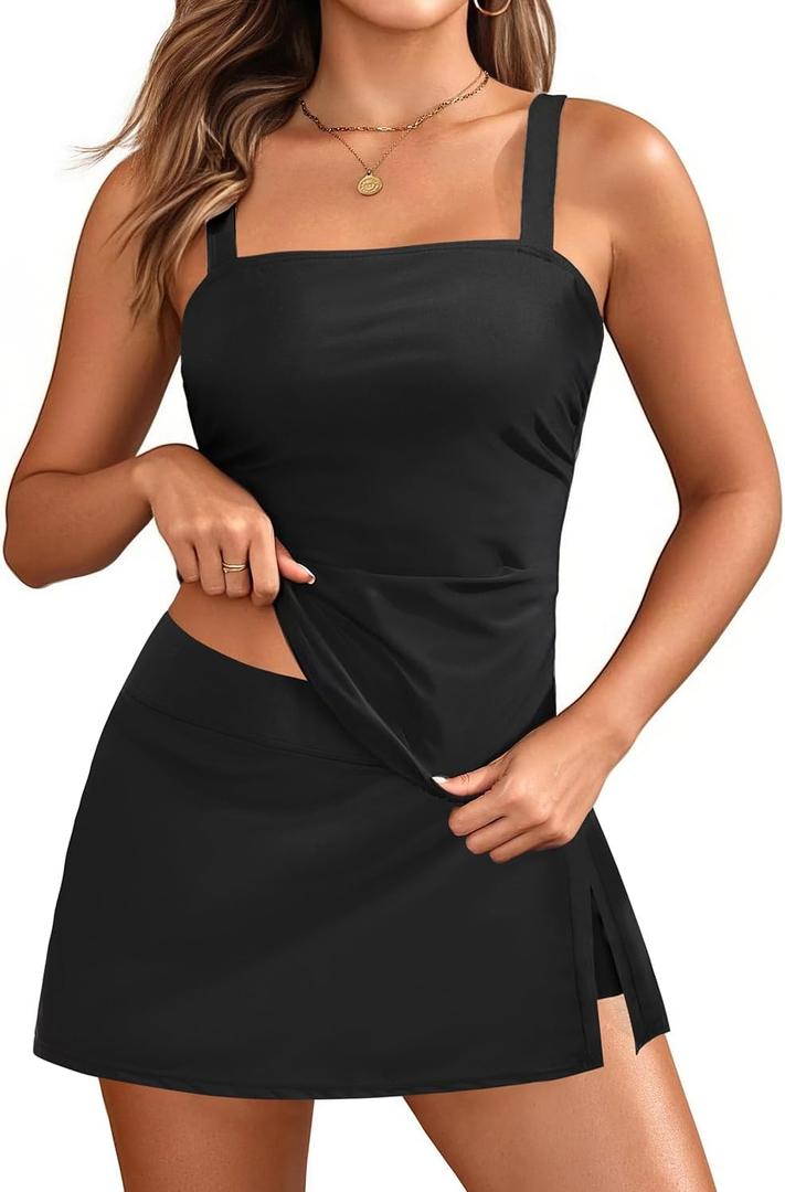 Womens Two Piece Tankini Bathing Suits with Skirt Tummy Control Swimsuits Ladies Swimwear (Large, Black)