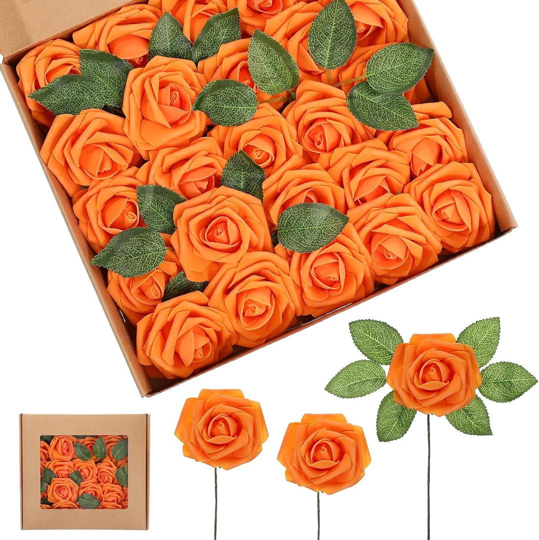 Syhood Artificial Foam Rose Flowers Vintage Fake Roses DIY Bouquets with Leaves and Stems for Wedding Bridal Shower Party Centerpieces Home Romantic Decor(Orange,50 Pieces)