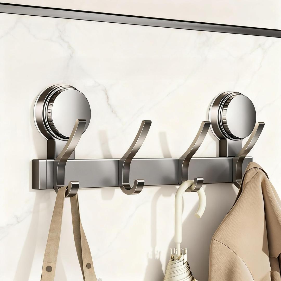 4 Dual Suction Cup Hooks Bar, Bathroom, Kitchen, Home, Glass, Mirror, Tile. Reusable, ABS+Aluminium, Waterproof, Rustproof, No Drill. Hang Towel, Robe, Loofah, Sponge, Coat (Gray, 4 Hooks)
