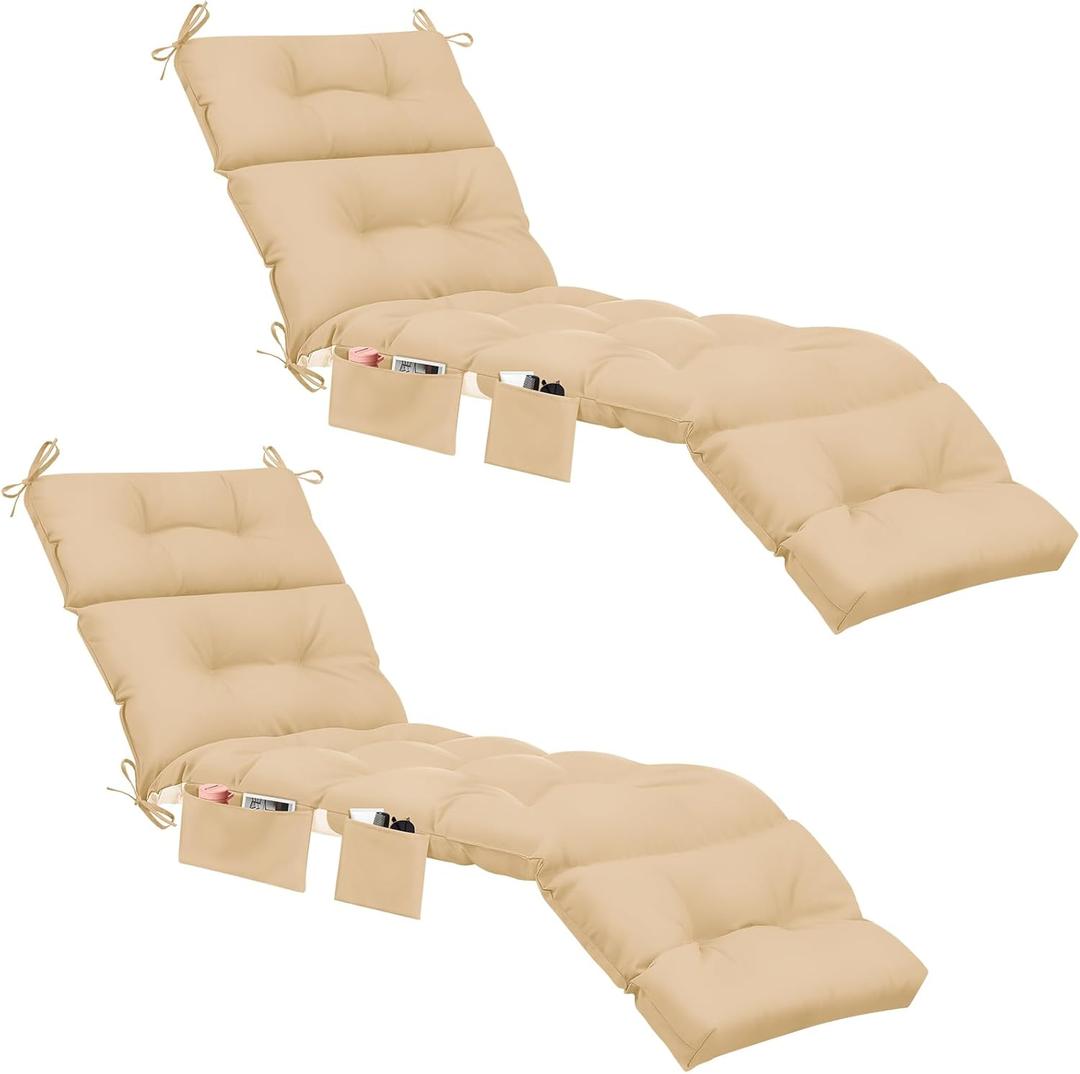 Kigley 2 Pcs Chaise Lounge Cushions with Side Pocket 74.5 x 22 x 4.7 Inches Tufted Patio Recliner Cushions Summer Seasonal Replacement for Indoor Outdoor Patio Sunbathing (Beige)