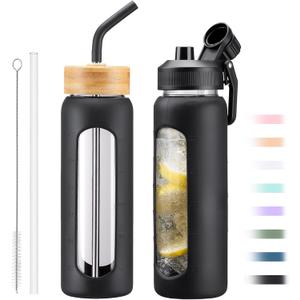 24oz Glass Water Bottle with Straw and 2 Lids-Bamboo and Spout Lid, Borosilicate Glass Water Bottle with Silicone Sleeve and Time Marker,BPA Free & Cupholder Friendly,Black