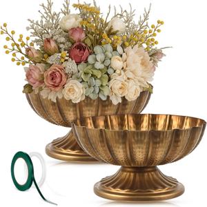 2 Pcs Metal Compote Bowl for Centerpiece Flower Holder Small Compote Vase Indoor Outdoor Flowers Fruits Plant for Christmas Wedding Home Party Decoration (Medium,Gold Bronze)
