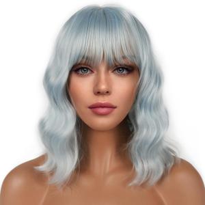 Short Bob Wigs with Bangs for Women Loose Wavy Wig Curly Wavy Shoulder Length Bob Synthetic Cosplay Wig for Girl Colorful Costume Wigs (Ice Blue)
