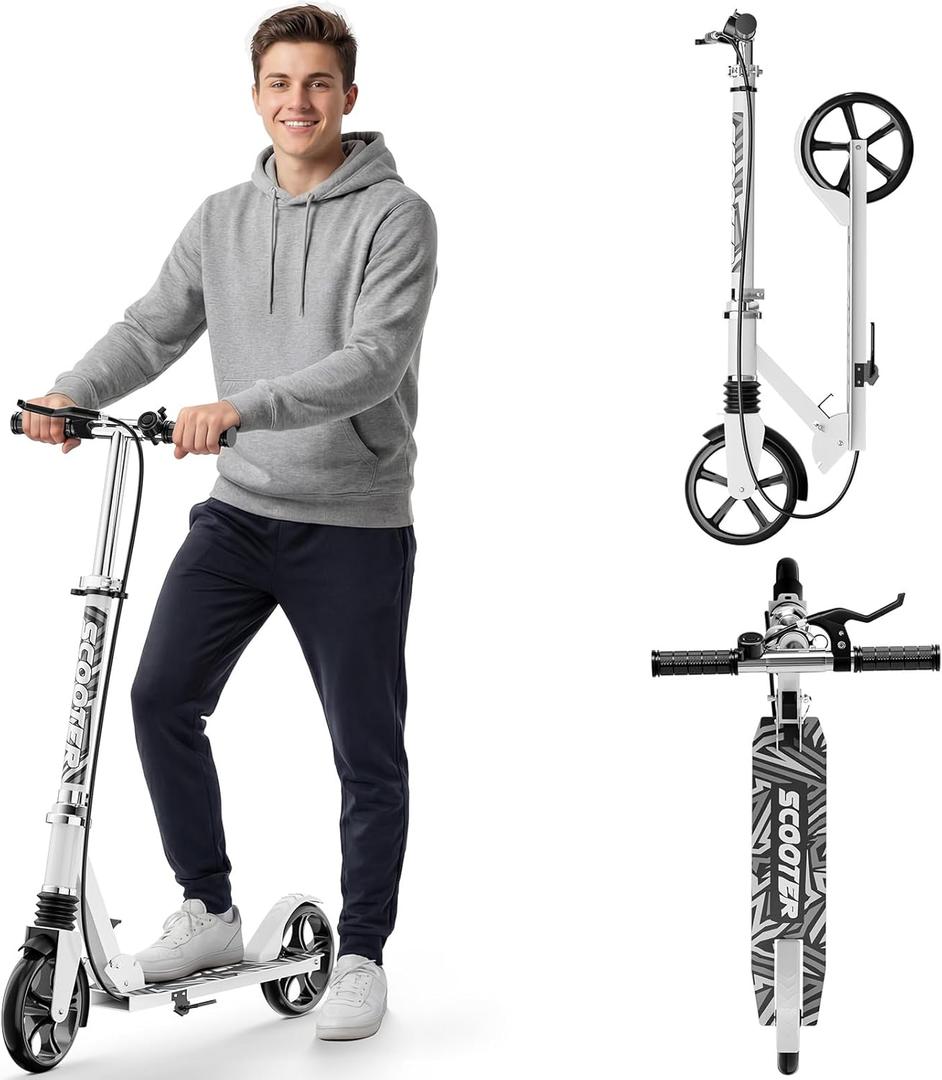 Scooters for Kids 8-12, Teens & Adults - Load 240 LBS, 8-Inch Wheels, Kick Scooter with Shock Absorption System, Hand Brake & Bell, 4 Adjustable Height Levels, Perfect for School, Commuting or Park (White)