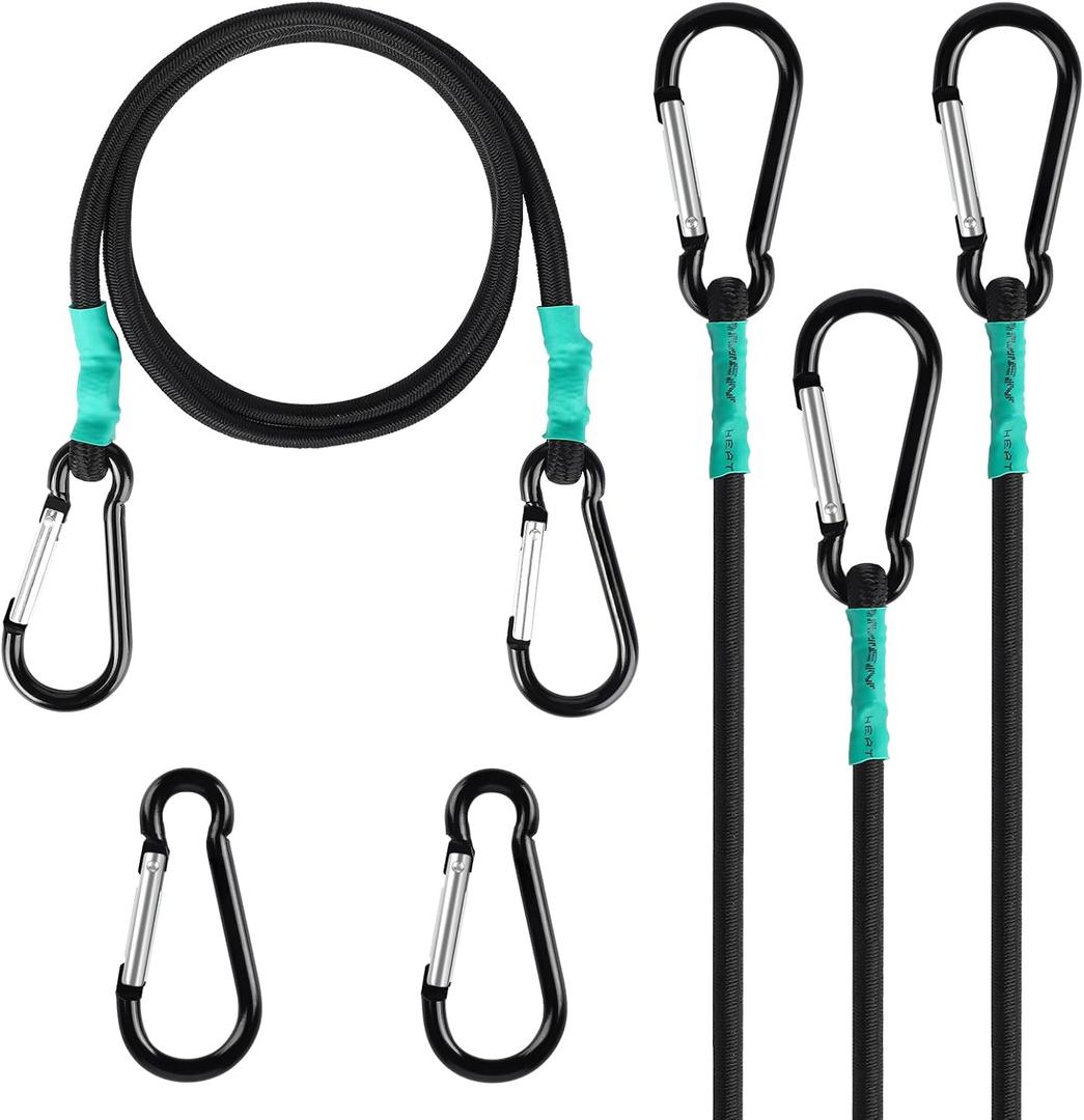 Black Bungee Cords with Hooks 36 inch Heavy Duty, 4-Piece Carabiners Style, 5/16 inch Diameter