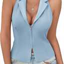 Tankaneo Womens Halter Blazer Vest Tops Sexy Deep V Neck Zip Up Summer Backless Smocked Waistcoats (Large, Sky Blue)