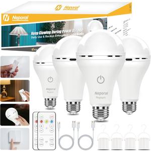 MagixPro Remote Rechargeable Light Bulbs, USB & Socket Charging, 1800mAh Battery, Dimmable LED Bulb for Hardwired & Non-wired Lamps Sconces, Touch + Remote Control, Wall Switch Compatible, 4PK (3000-6000k 4pk)