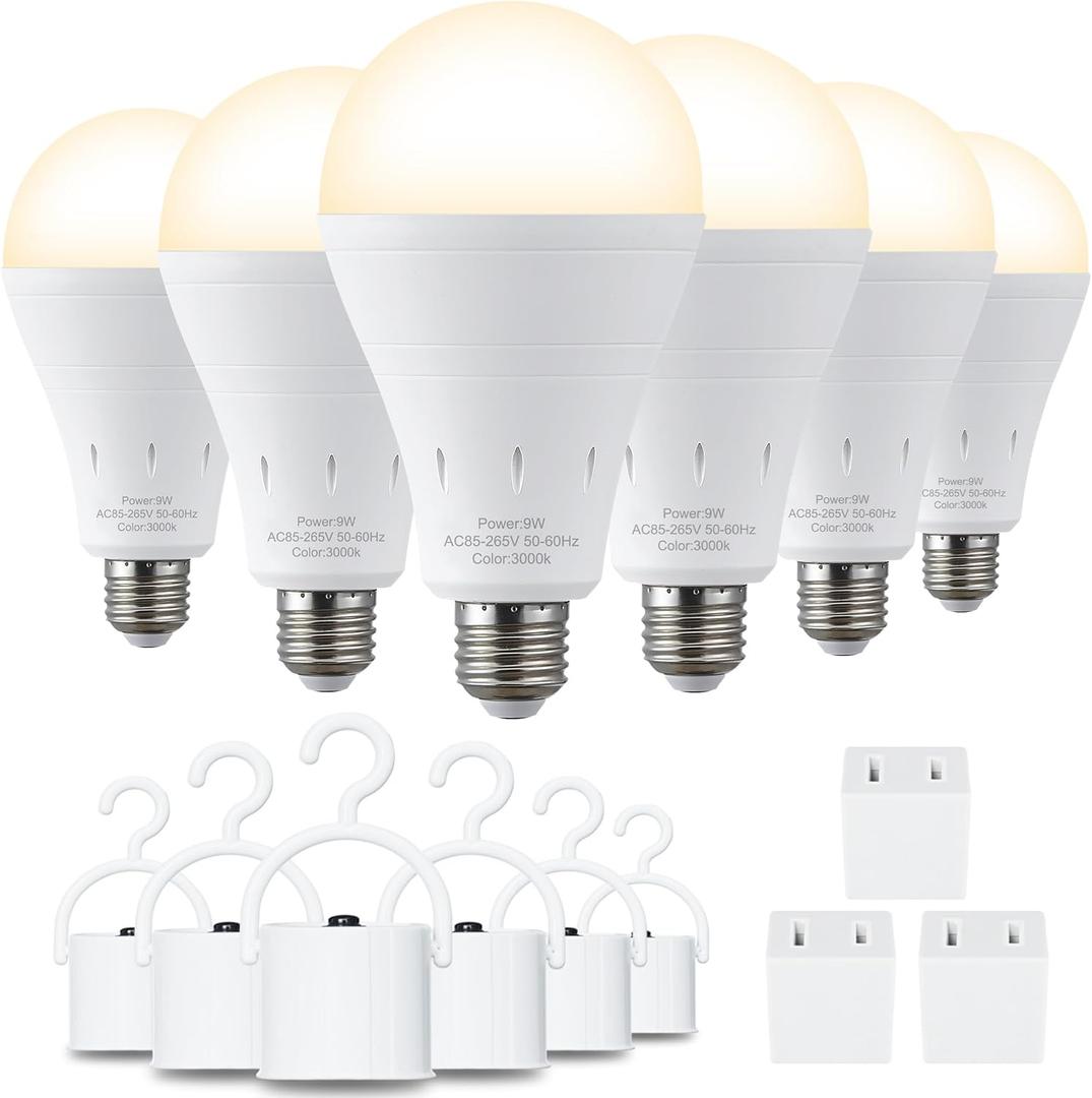 6 Pack Rechargeable Emergency Light Bulbs, Battery Powered Energy Efficient LED Light Bulb 3000K Warm E26 120 Volt 9W 60W Equivalent with 1200mAh for Home Power Outage Camping Hurricane (Soft White)
