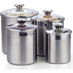 Cooks Standard Stainless Steel Food Jar Storage Canister Set Large 4-Piece, 1.6qt/2.5qt/3.5qt /5qt Airtight Containers with Glass Lid for Tea Coffee Sugar Flour Pantry Kitchen Counter