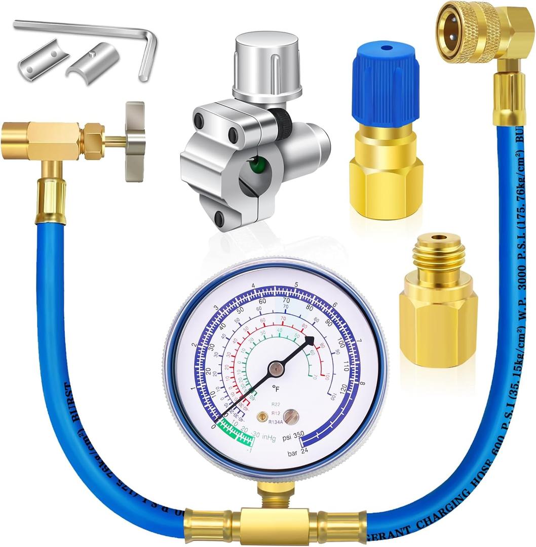 R134a Refrigerant Recharge Hose Kit-A/C Freon Charging Hose Set, with BPV-31 Bullet Piercing Tap Valve, AC Retrofit Valve, R134a Self Sealing Adapter, for Home/Car A/C Refrigerant System