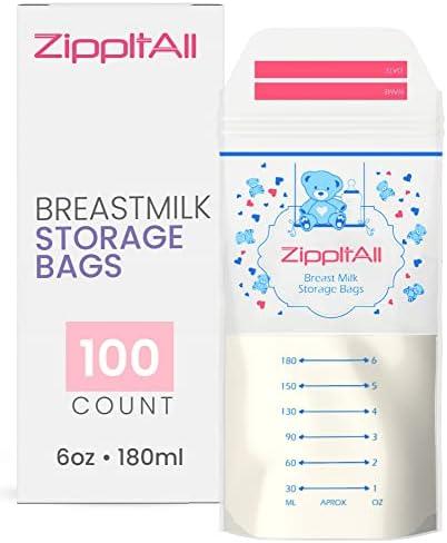 DiRose Breastmilk Storage Bags -6 oz 100 Count Double Zipper Leak Proof Capacity Extra Thick and Seal BPA/BPS Free/Disposable Pouches | Self-Standing Bag for Long and Safe Storing