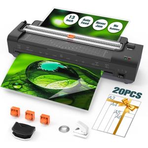 13 Inch Laminator Machine with Auto Paper Feed, Never Jam A3 Thermal & Cold Lamination, 20 Laminating Sheets, 10-in-1 Laminator with Cutter, Trimmer & Corner Rounder for Office School Home Use Black