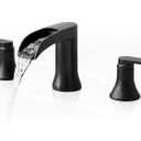 Black Bathroom Faucet 3 Hole, Brass Bathroom Waterfall Faucet 2 Handle, 4-16 Inch Widespread Bathroom Sink Faucets, Restroom Sink Faucet for Vanity with Supply Hoses, NO Equipped Pop-up Drain (Matte Black and Gold - Elegant)