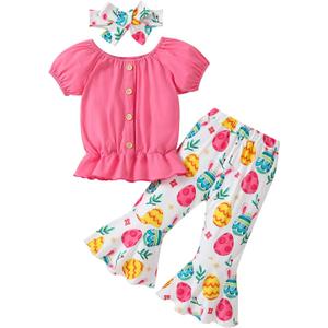 Toddler Baby Girl Easter Outfits Girl Short Sleeve Shirt Top Bunny Bell Bottom Flared Pants Set Summer Clothes 1-5Y (2-3 Years, Pink)