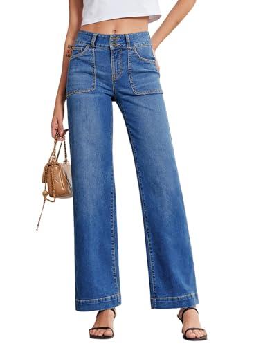 Sidefeel Women's High Waisted Wide Leg Jeans Stretchy Tummy Control Straight Leg Denim Pants Light Blue Size 8