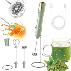 Rechargeable Milk Frother Handheld with Stand, Coffee Foam Frother Wand, Detachable Stainless Steel Whisk Drink Mixer for Coffee, Cappuccino, Lattes, Frappe, Matcha,Egg and Hot Chocolate, Green