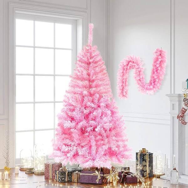Christmas Porch Trees Set of 2, 5ft Prelit Pink Christmas Trees Flocked Artificial Christmas Trees, Front Door, Porch Decorations
