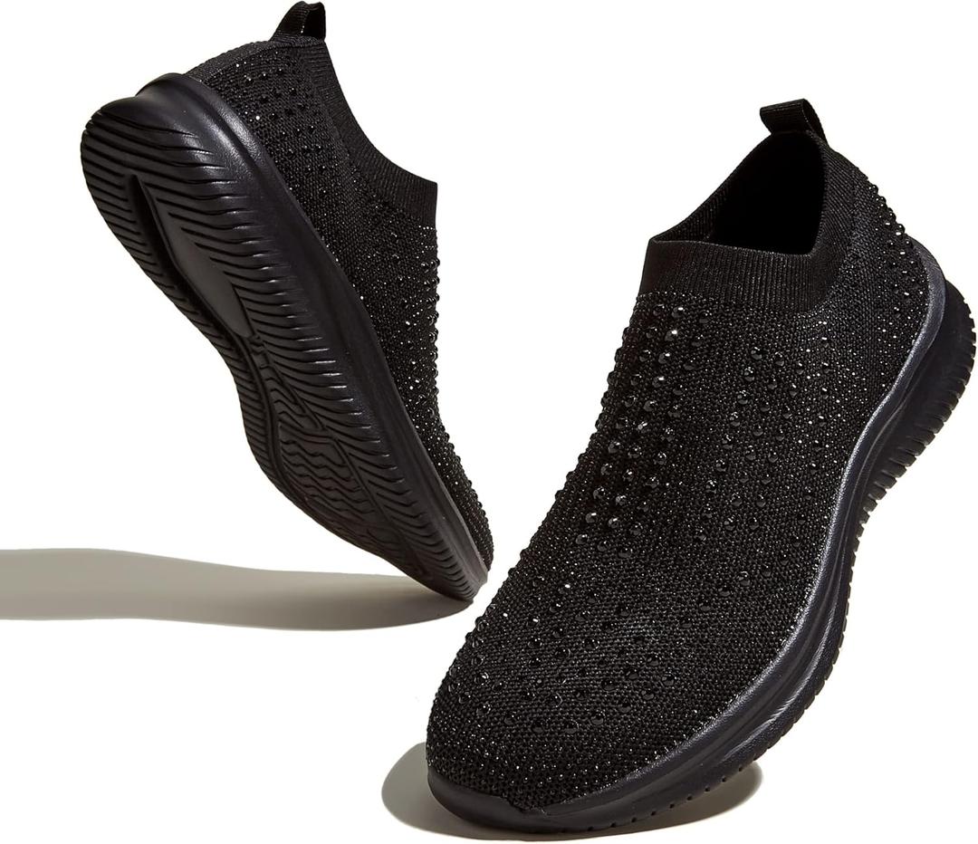 BELOS Women's Rhinestone Mesh Slip On Walking Shoes Fashion Breathable Spakle Glitter Sneaker (7)