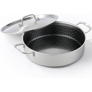 DELARLO 7Quart Tri-Ply Stainless Steel Non Stick Braiser Pan with Lid,Deep Frying Pan,Large Induction Skillet,Jumbo Cooker,Heavy Duty and Oven Safe.Large Saute Pan,Dishwasher and Oven Safe to 550