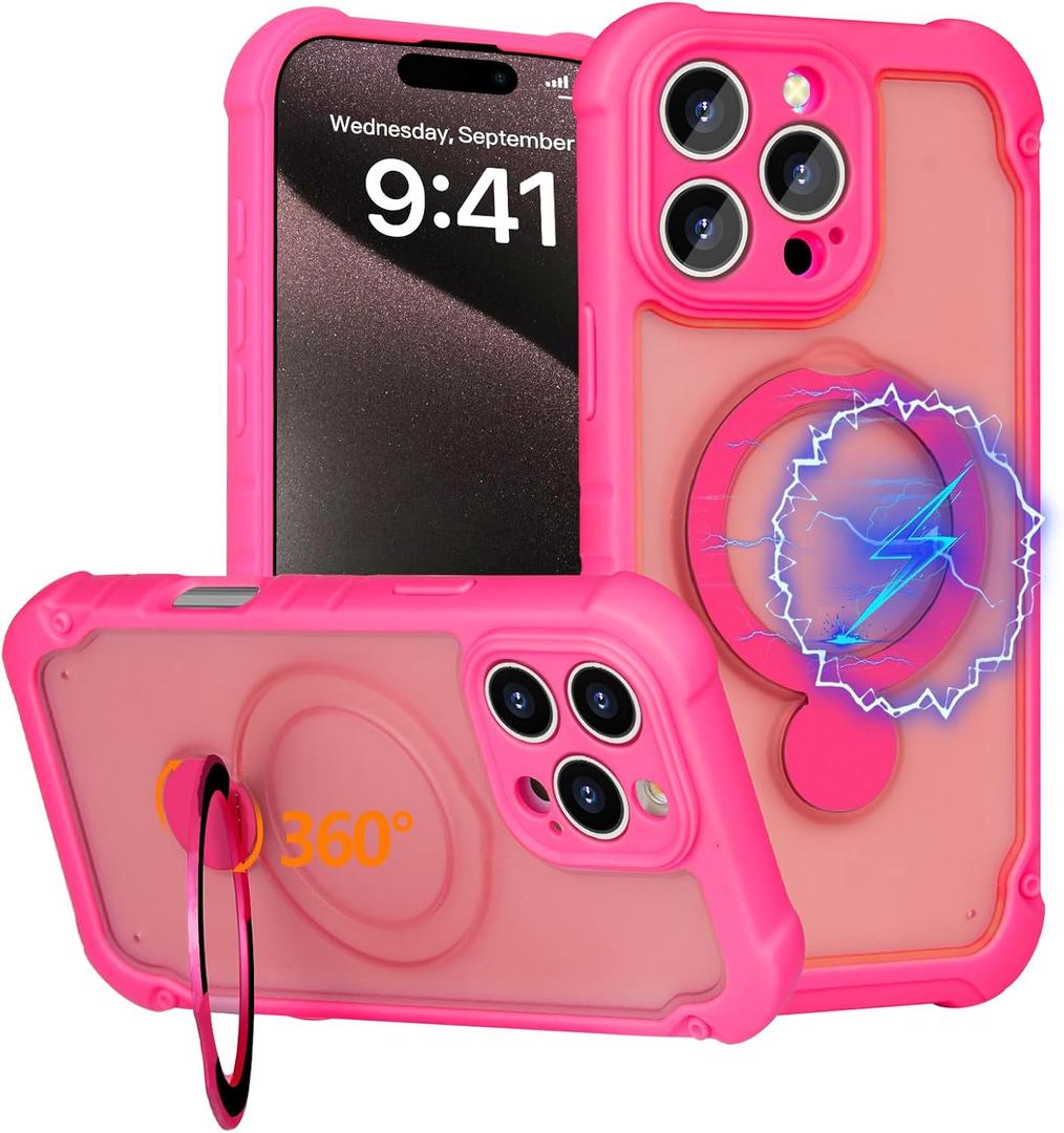 For iPhone 16 Pro Max Case MagSafe,3-in-1 [Magnetic+Kickstand+Ring Holder] [Full Camera Protection] Military Shockproof Protective Phone Case for iPhone 16 Pro Max Kickstand Cover, Hot Pink