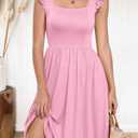 Women's Sexy Summer Ruffle Sleeve Printing Dress 2025 Smocked Boho Beach Knee Length Mini Dresses Pink S