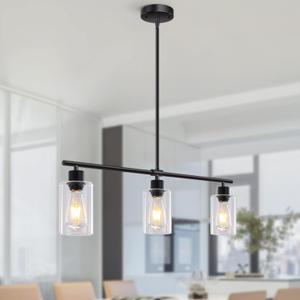 Kitchen Island Lighting, 3 Lights Linear Chandeliers Rectangle Pendant Light Fixtures for Dining Room Farmhouse Hanging Light with Glass Shades(Black) Kitchen Island Lighting, 3 Lights Linear Chandeliers Rectangle Pendant Light Fixtures for Dining Room Farmhouse Hanging Light with Glass Shades(Black)