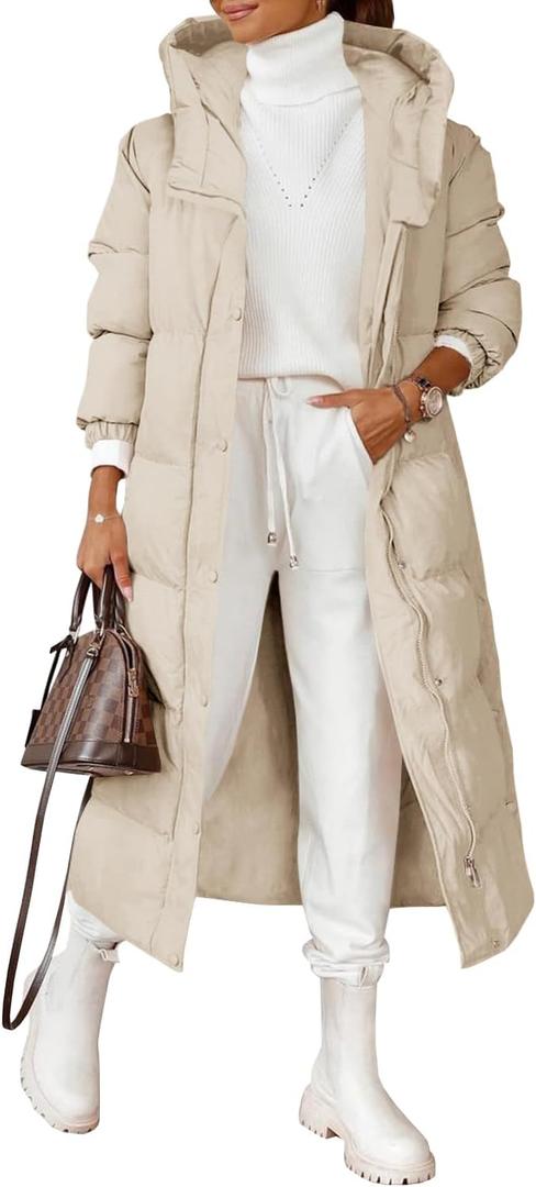 Grlasen Women Long Quilted Coat Winter Hooded Long Sleeve Button Down Puffer Padded Jacket, Medium, Khaki 