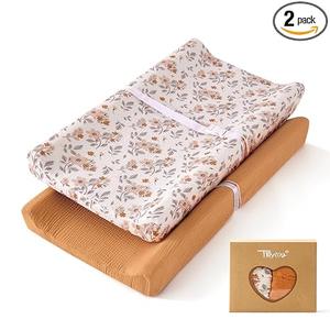 TILLYOU Muslin Changing Pad Cover for Baby Girls Boys, Soft and Breathable Cotton Diaper Changing Table Cover, 2 Pack(Blue Flower) (32*16+8 Inch)