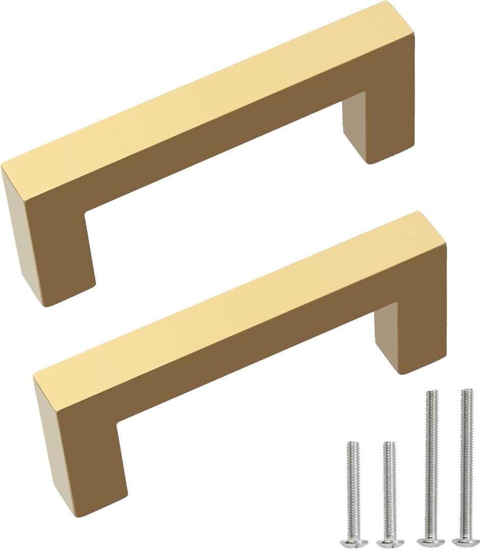 Cabinet Pulls Gold Cabinet Handles Square Drawer Pulls, 2 Pack 3 Inch Stainless Steel Kitchen Door Cupboard Cabinet Handles, Drawer Hardware Handles, 76mm Hole Centers