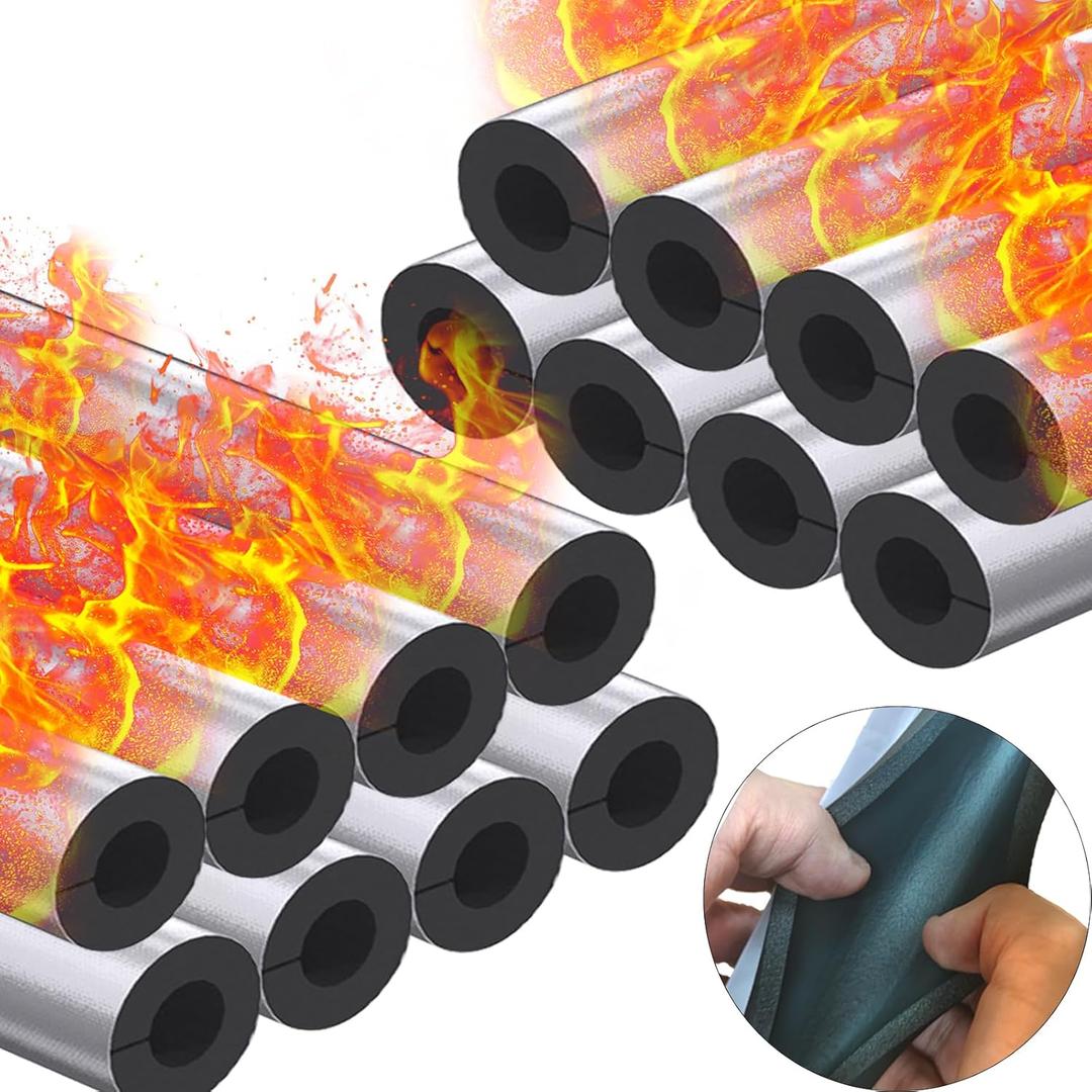 16 Pack Pipe Insulation Foam Tube, 3/4'' Self Adhesive Pre Slit Foam Pipe Covers Polyethylene with Aluminum Foil for Spigot, Winter Outside Pipes, Sprinkler, Water Heater Pipes Freeze Protection