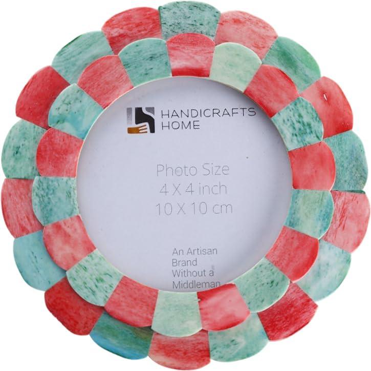 Handicrafts Home Scalloped Bone Inlay Picture Frame 4x4  Handmade Round Decorative Photo Frame, Red & Green Boho Desk & Shelf Decor, Vintage Style Small Frame for Nursery, Home Styling & Gift