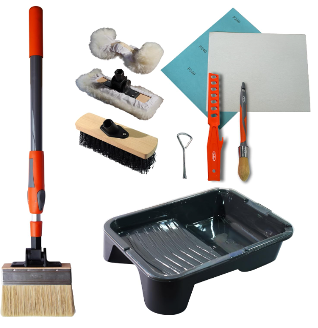PinStone 13pcs Deck Stain Brush Kit - 7" Adjustable Deck Stain Brush, 9" Lambskin Applicator with Refill Pads, 9" Scrub Brush, 10" Paint Tray, 2-3ft Extension Pole for Staining Wood, Masonry, Floors