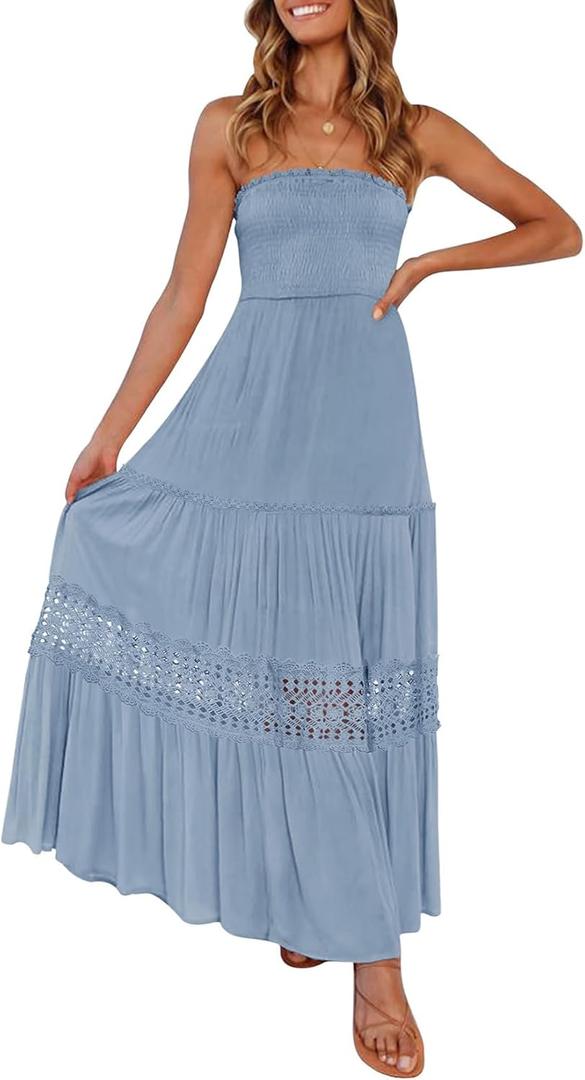 ZESICA Women's 2026 Summer Boho Maxi Dresses Strapless Off Shoulder Lace Flowy A Line Beach Vacation Long Sundress S