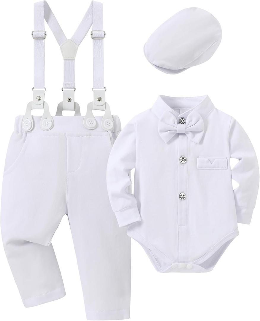 Baby Boy Clothes Suits 24M Infant Gentleman Outfit Long Sleeve Dress Shirt+Suspender Pants+Bowtie+Beret Wedding Set, Size 24M