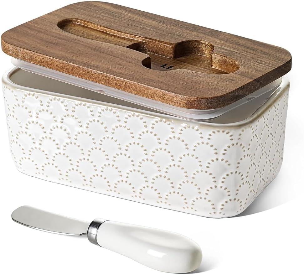 LE TAUCI Butter Dish with Lid for Countertop, Ceramic Butter Container, Embossed Butter Keeper with Acacia Wood lid, Knife, and Airtight Cover, Farmhouse Decor - Set of 1, Arctic White, Fireworks