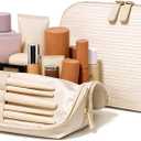 APT 1101 Large Standing Foldable Makeup Bag for Travel, Vertical Folding Down Design, Organized Cosmetic & Skincare Bag for 24 Week Trips (Oatmeal)